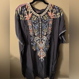 Johnny Was Biya Embroidered Silk Tunic Dress XL Boho